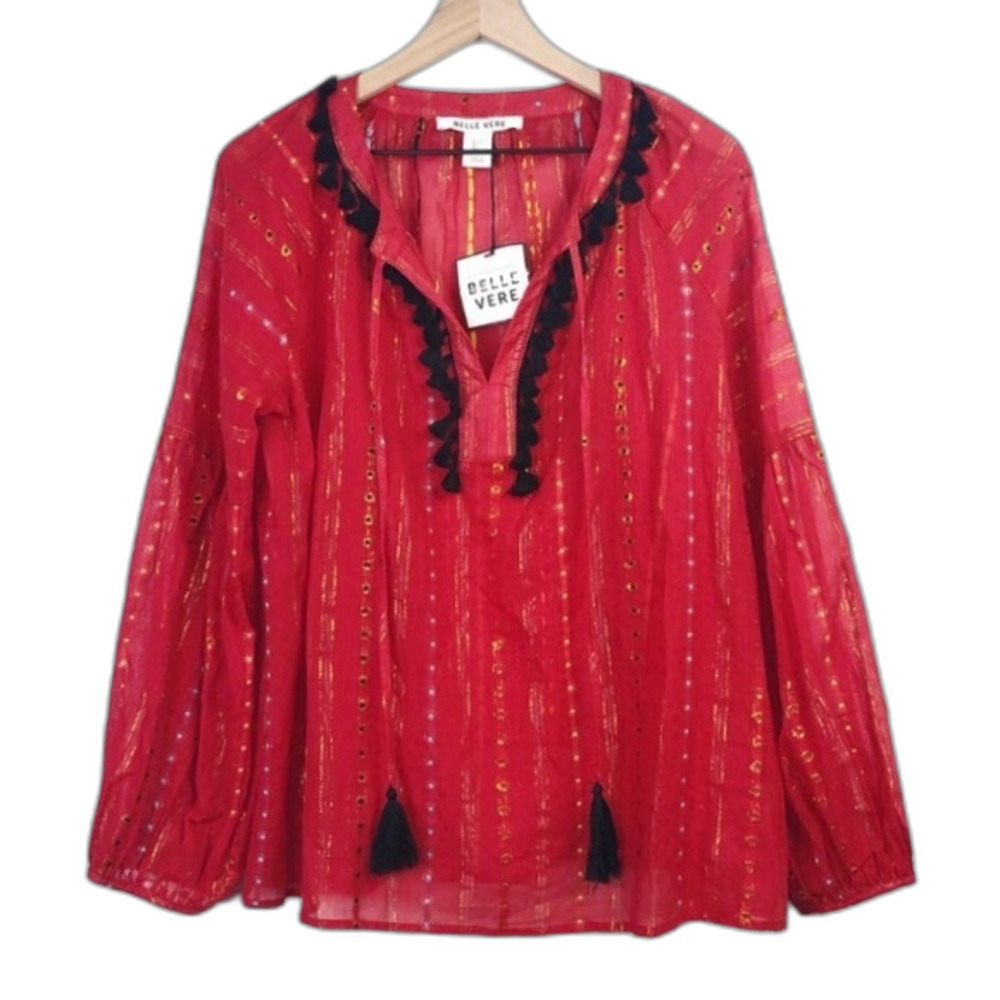 Belle Vere Red Tassel Sheer Peasant Blouse NWT Size Medium Party Boho